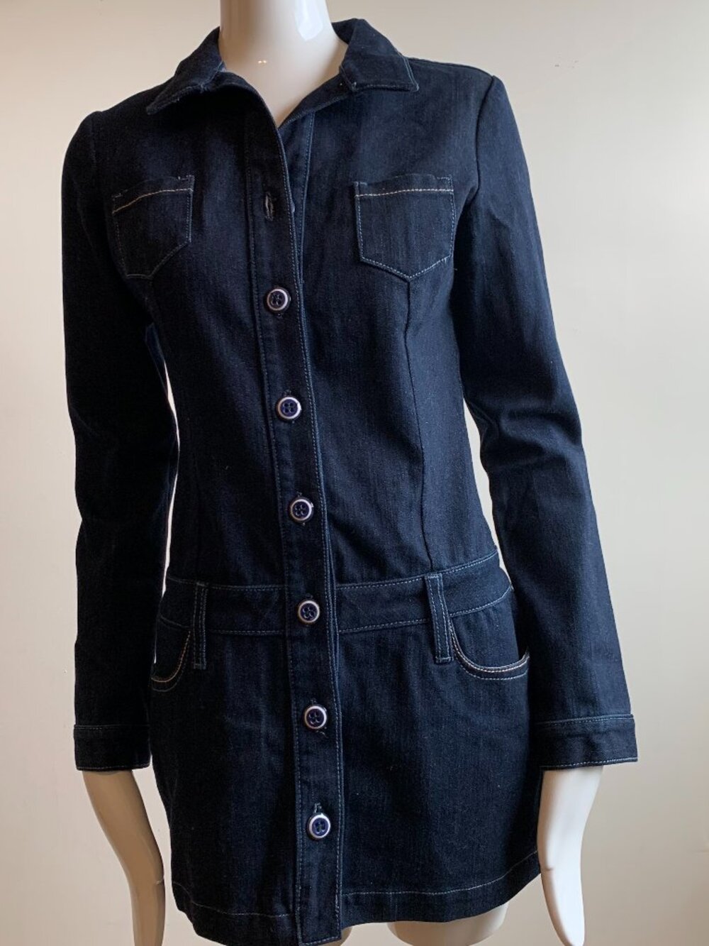 Frankie B denim button up long sleeve Mini skirt stretchy dress with pockets 6